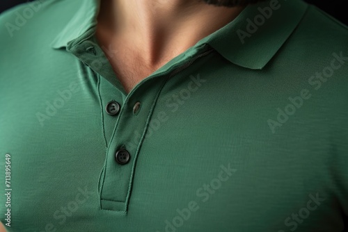 Young Caucasian man fastens his green polo shirt. photo