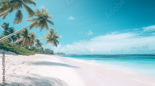 Seascape of white sand on a blurred background of sea, sky and palm trees. Mockup, empty space, nature background.