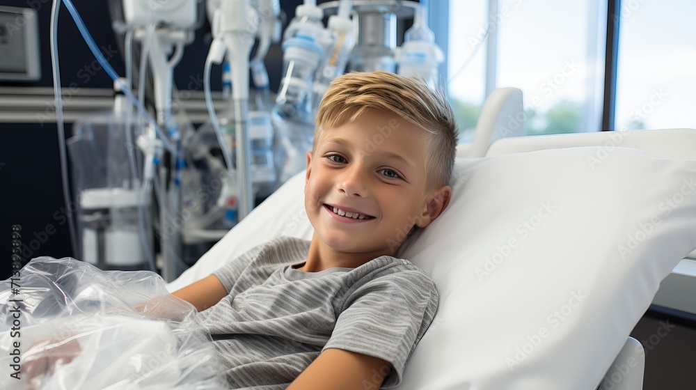 Cheerful child patient lying on hospital bed with white bedding and copy space for text Cheerful child patient lying on hospital bed with white bedding and copy space for text