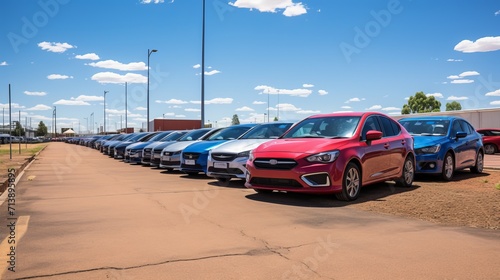 A vast selection of unsold dealer vehicles in stock at the parking lot waiting for new owners