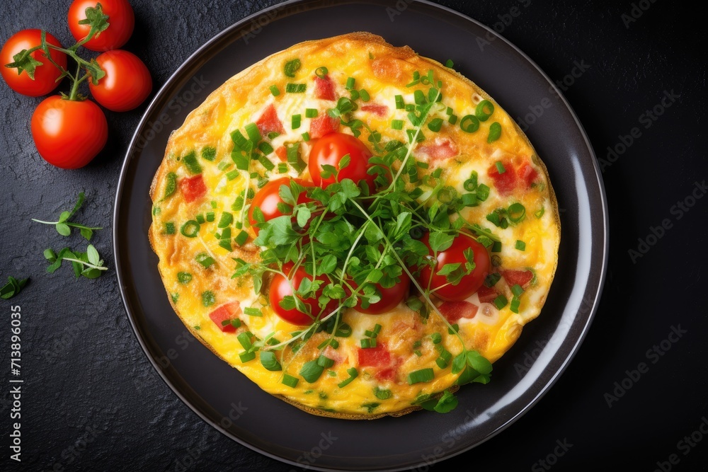 Top view of an Italian frittata with tomatoes, cheese, green onions, and feta cheese sandwich. Top view of an Italian frittata with tomatoes, cheese, green onions, and feta cheese sandwich.