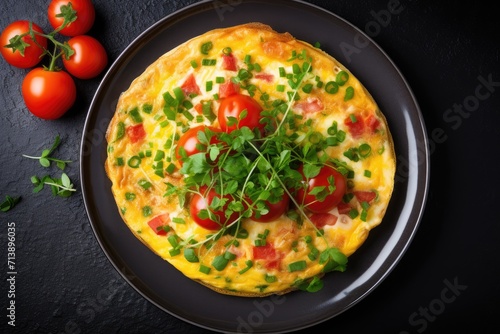 Top view of an Italian frittata with tomatoes, cheese, green onions, and feta cheese sandwich.