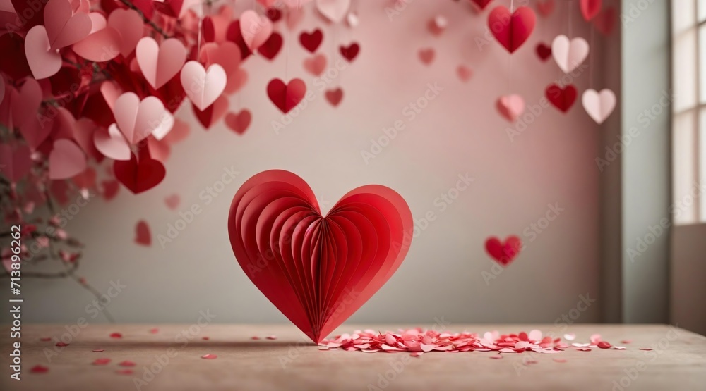 Valentine's Day promotion, advertising, offer or announcement background picture showing paper hearts in front of backdrop for product placement or lettering. Generative AI.