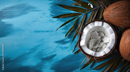 Coconut on colorful tropical background