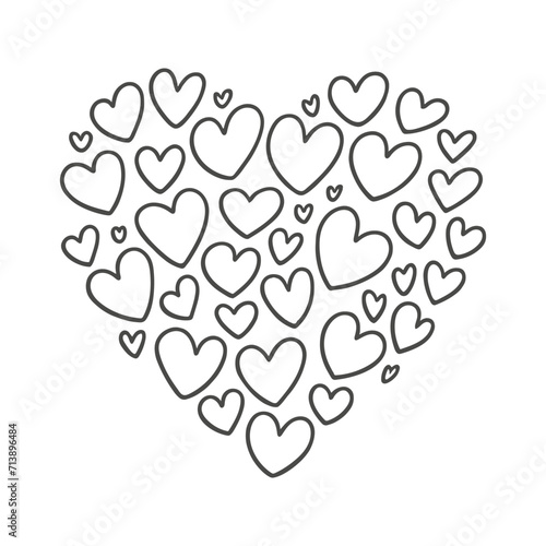 Black and white vector drawing of a heart formed from many hearts.