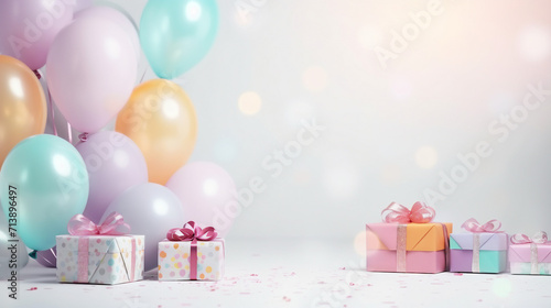 Vibrant Birthday Party Atmosphere with Colorful Balloons, Gifts, and Festive Decor. Flat Lay Composition with Isolated Background, Perfect for Celebratory Occasions and Promotional Content.