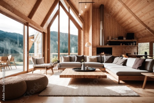 Interior home design of modern living room with wooden eco friendly wooden house in the forest