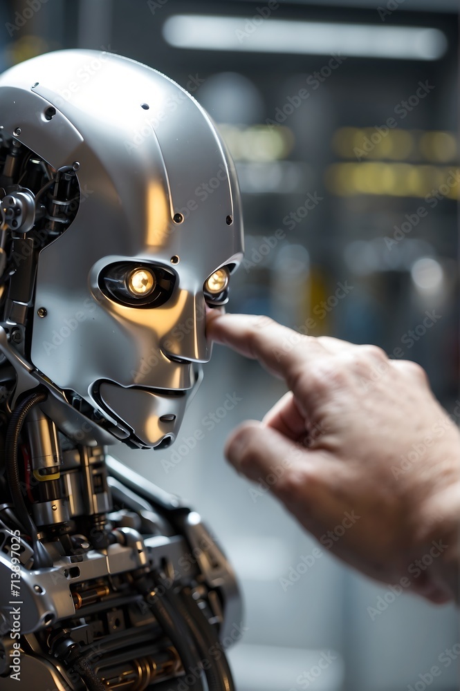 Fototapeta premium The human finger delicately touches the finger of a robot's metallic finger. Generative AI