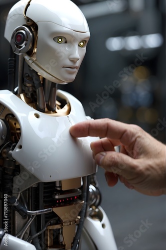 The human finger delicately touches the finger of a robot's metallic finger. Generative AI