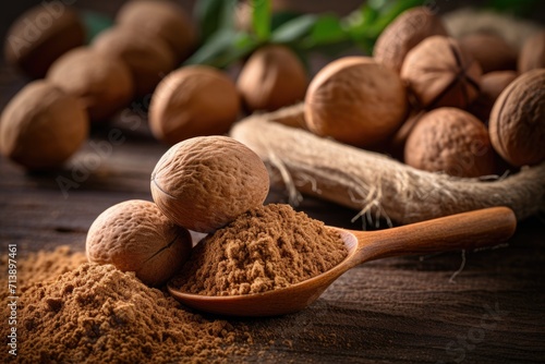 Close up of whole and ground nutmeg in a wooden spoon on a schiffer background representing spices used for meat and baking