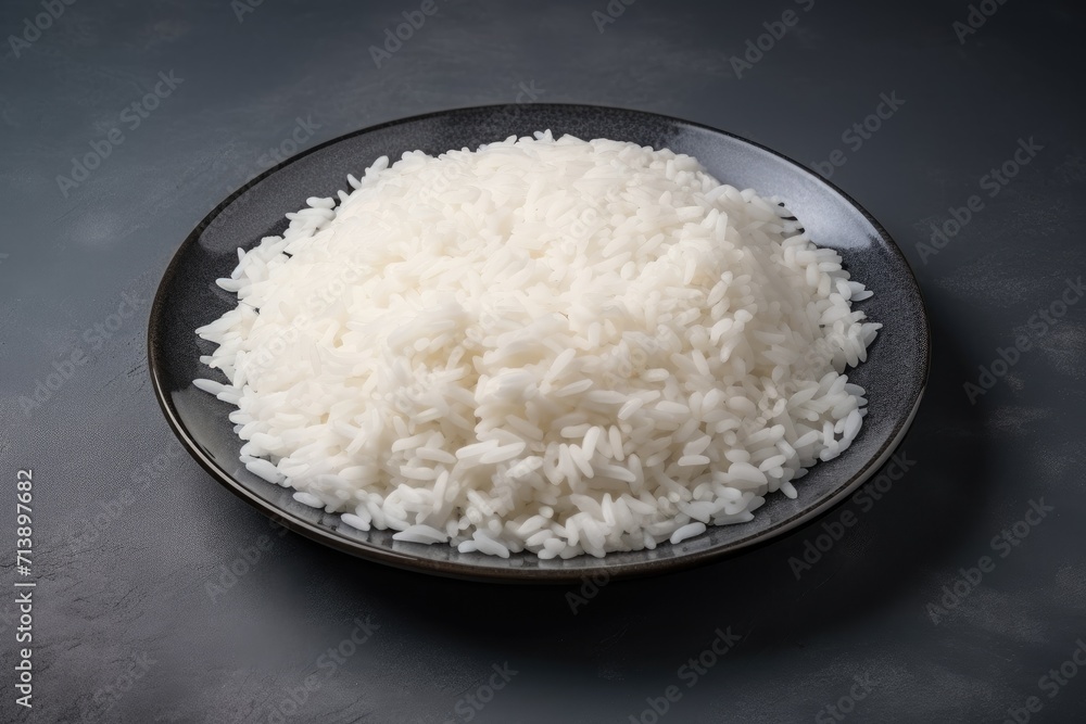 High quality photo of raw rice in plate on grey background High quality photo of raw rice in plate on grey background