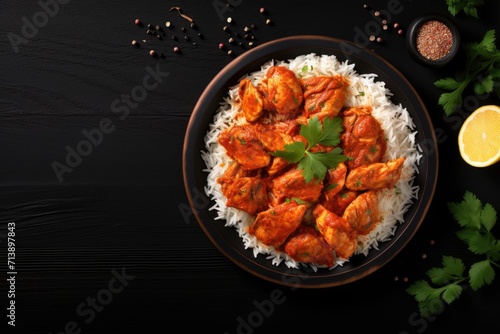 Top view of a bowl with Indian Butter chicken and basmati rice on black background providing space for text Traditional Indian dish Indian cuisine concept photo