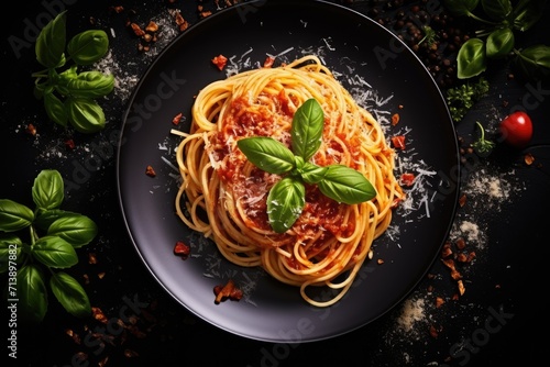 Delicious Italian spaghetti with tomato sauce cheese and basil on a dark table from above