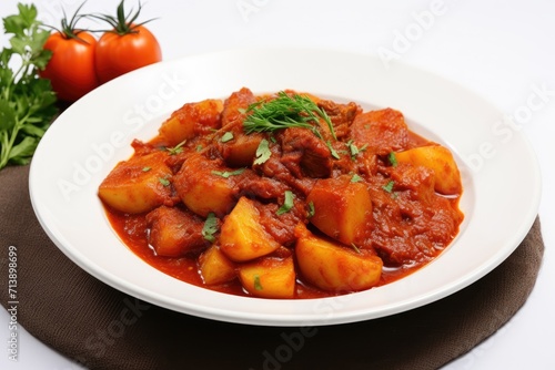 Potatoes cooked in tomato sauce with meat spices herbs on a white table without people