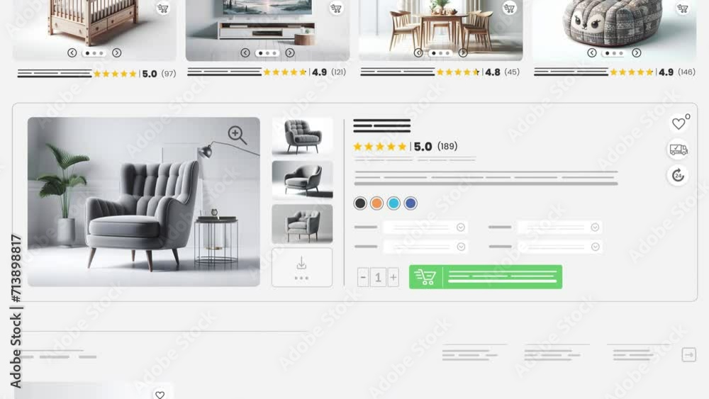 Furniture website animation. E-commerce and shopping products. Household goods sales webpage