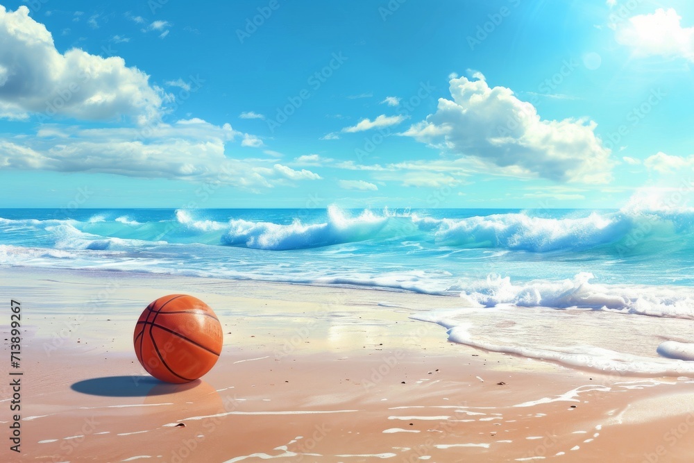 beautiful beach scene with a basketball lying on the wet sand