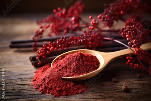 Fototapeta Naklejka Na Ścianę i Meble -  Sumac water or tea ground red Sumac spices and berries on wooden spoon Healthy food idea on rustic table