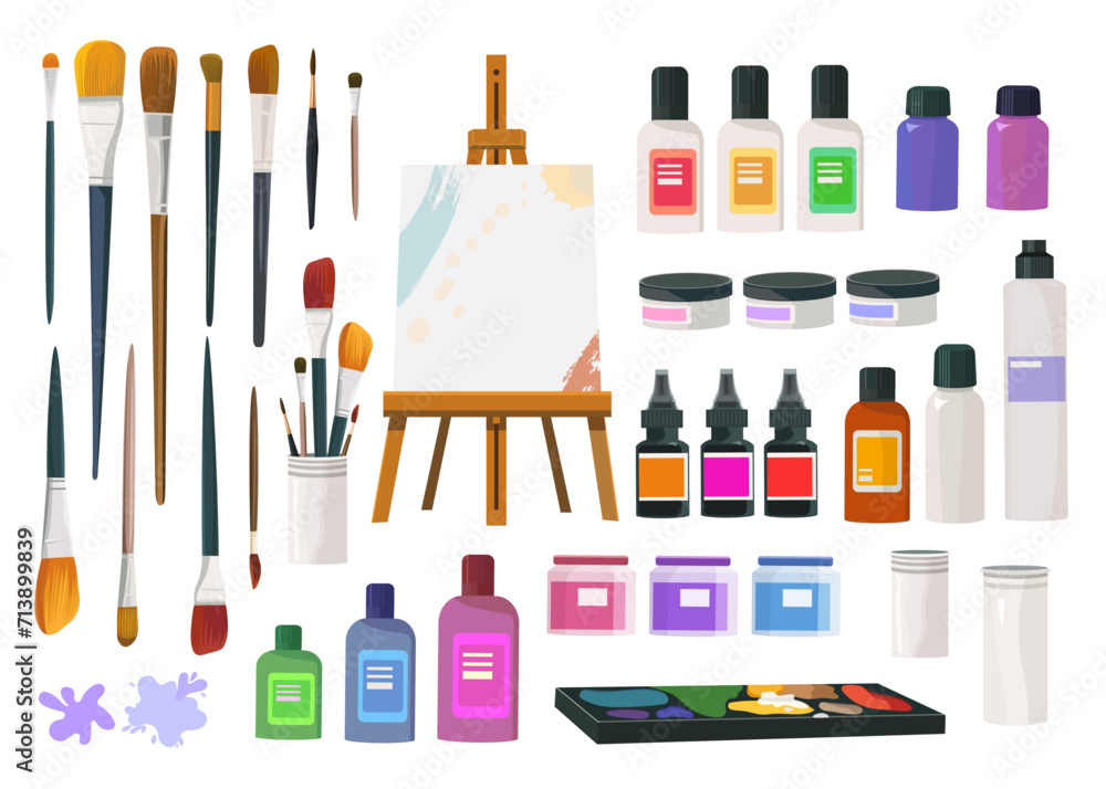 Art tools and creative materials set,Artistic toolkit graphic elements,brushes, canvas, easel various jars for acrylic paint ,palette,splashes of paint.Flat style Vector illustration Art tools and creative materials set,Artistic toolkit graphic elements,brushes, canvas, easel various jars for acrylic paint ,palette,splashes of paint.Flat style Vector illustration