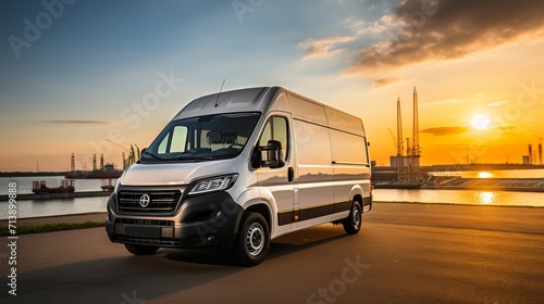 Silhouette of white cargo van at logistic center with prepped delivery minivan for transportation © Ilja