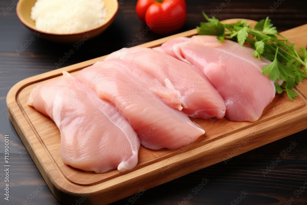 Healthy eating involves raw chicken on a wooden board