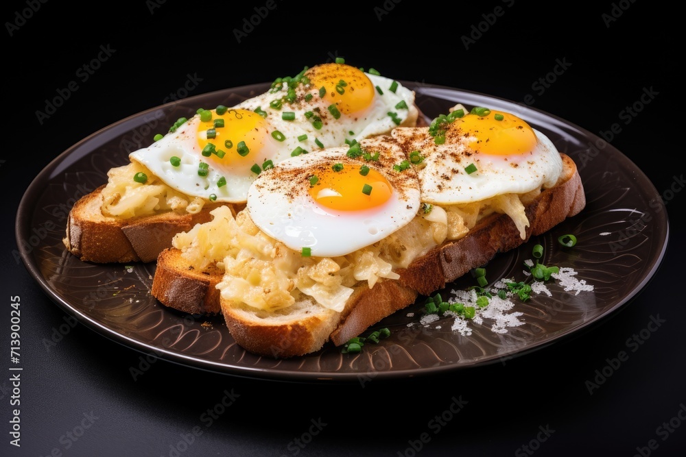 Toast bread served with multiple types of cooked chicken eggs scrambled fried poached and creamed