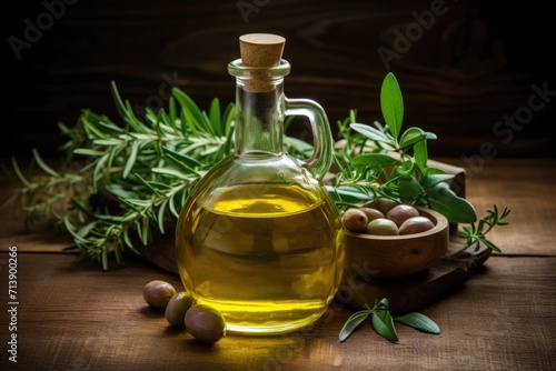 Herbs infuse olive oil on wood