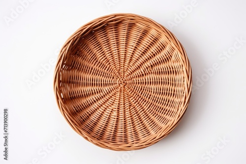 Top view of a handmade brown wicker basket empty and isolated on a white background Made from eco friendly natural materials photo