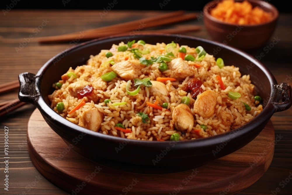 Chicken fried rice cooked and presented in a wooden setting viewed from the front