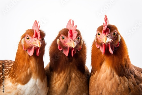 Three isolated chickens on white background