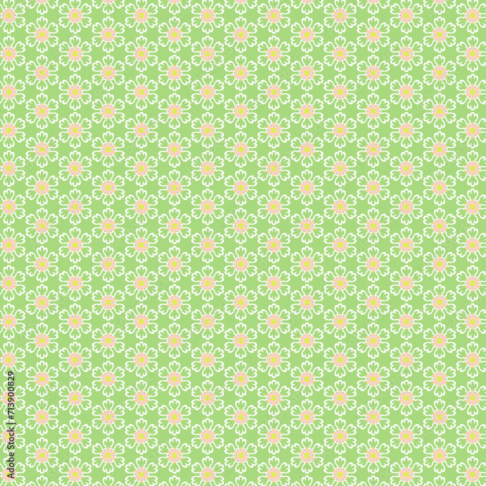 Simple delicate spring floral pattern Modest white pink yellow flowers on a light green background Simple delicate spring floral pattern Modest white pink yellow flowers on a light green background