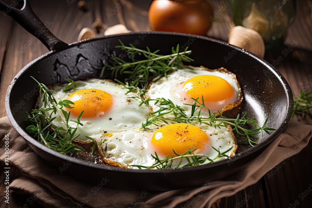Fried eggs with chives iron pan wooden table