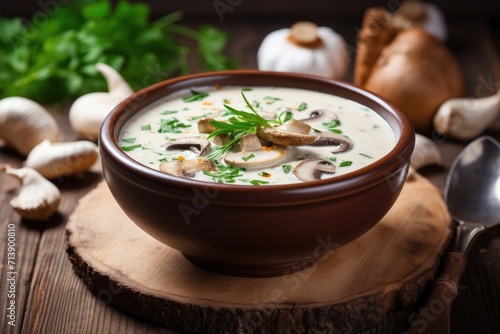 Fresh homemade mushroom soup on table