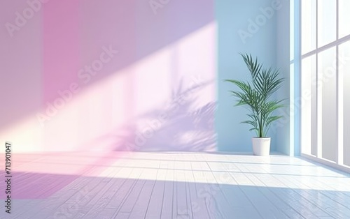 Minimalist interior with a potted plant  soft pastel colors  and sunlight casting shadows on a clean wall.