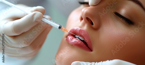 Experienced aesthetic doctor enhancing woman s lips with injection, ample text space photo