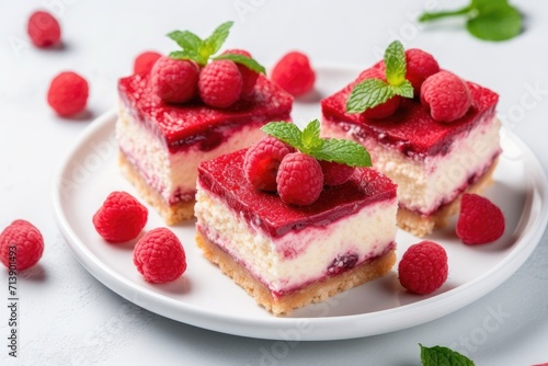 Close up view of Raspberry Cheesecake Bars on white cake stand