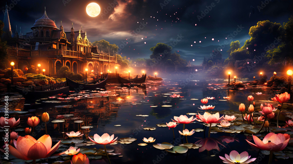 Fototapeta premium Journey into a fantasy landscape with misty canals and enchanting architecture. Discover the magic of a European town that feels straight out of a fairytale