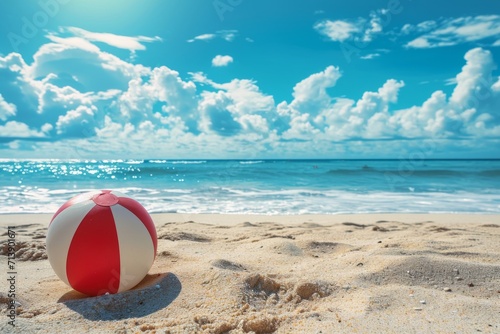 colorful beach ball with red and white segments is prominently featured in the foreground
