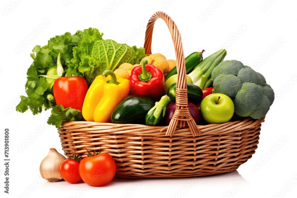 Organic fruits and vegetables in a white wicker basket Organic fruits and vegetables in a white wicker basket