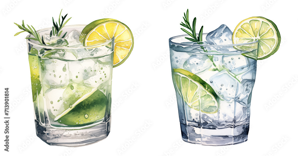 set of two glasses of Gin and tonic alcoholic drink watercolor illustration png isolated on a transparent background, cocktail clipart  - obrazy, fototapety, plakaty 