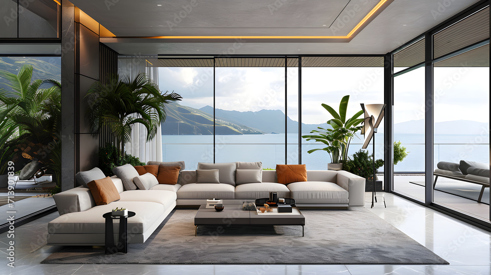 panoramic view from luxury living room, comfortable living room with large windows panoramic view from luxury living room, comfortable living room with large windows
