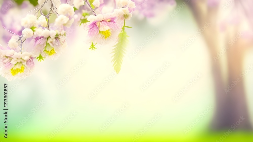 A branch of blooming pink flowers in spring and a blurred background.
