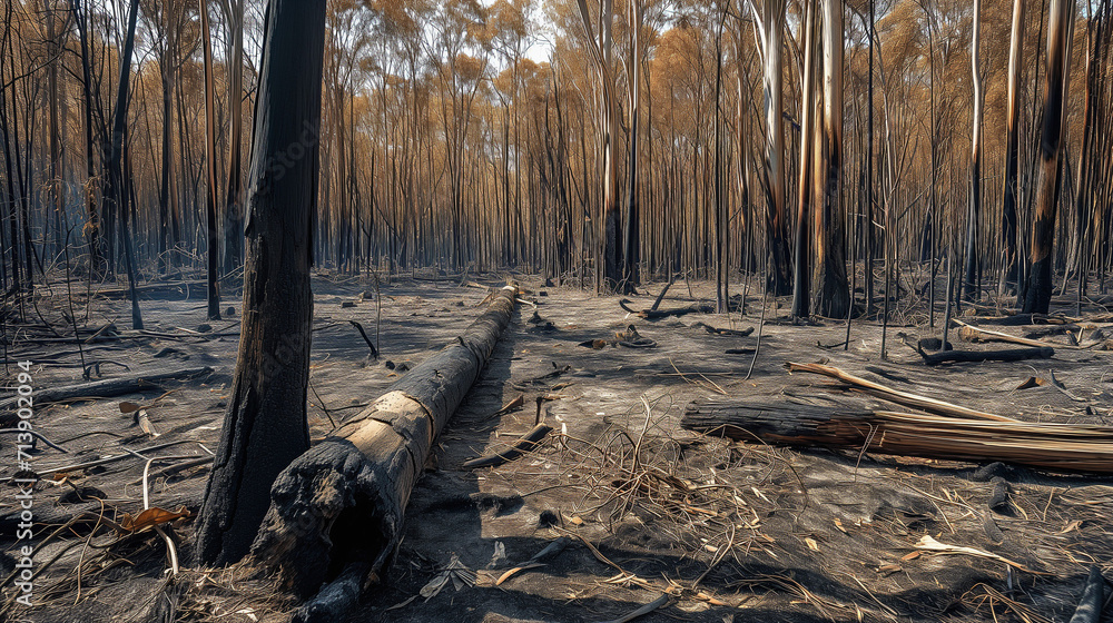Burned down forest after forest fire. Scorched earth and trees.