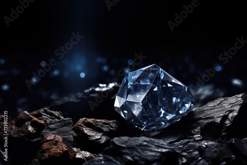 Blue diamond on dark coal surface