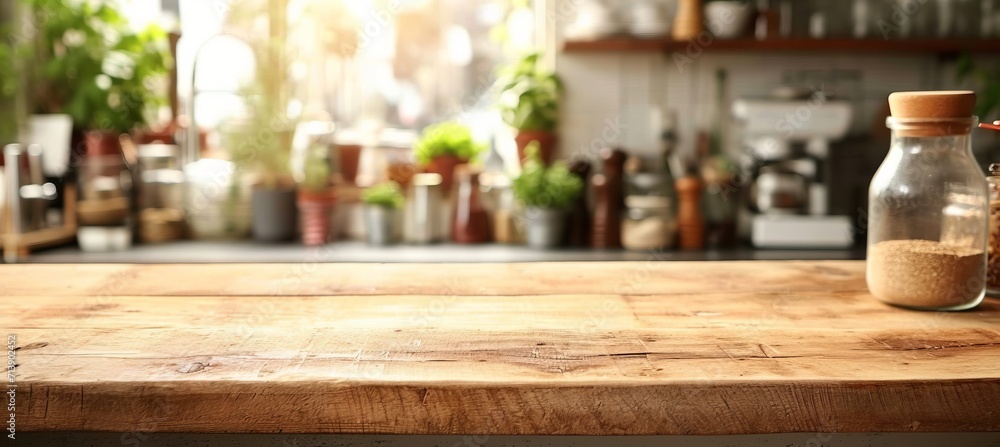 Empty wooden tabletop on white counter with blurred background, ideal for product display or mockup