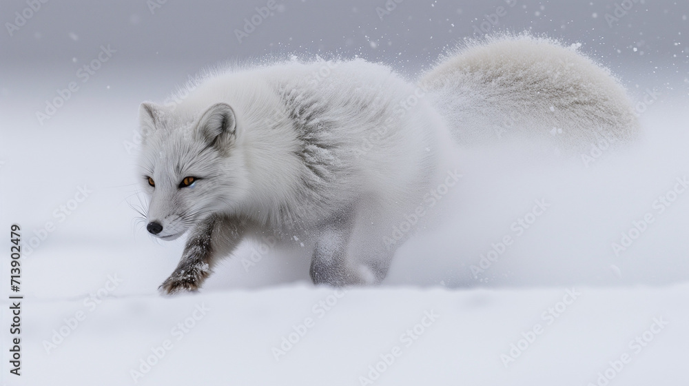 Naklejka premium Arctic fox running and pouncing in the thick snow