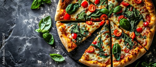 Indulge in a mouthwatering california-style pizza topped with fresh tomatoes and fragrant basil on a rustic black surface, bringing a taste of italy to your plate photo