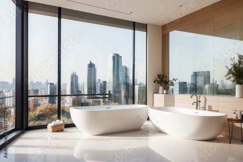 Interior home design of modern bathroom with white bathtub and windows with city views © Basileus