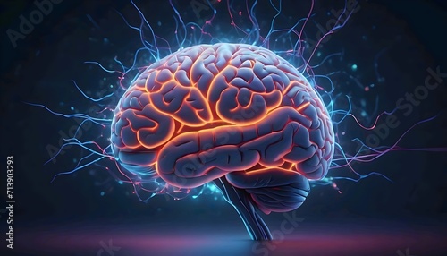 Dynamic 3D Brain, Neon Lines Illuminate Neural Network Connections.