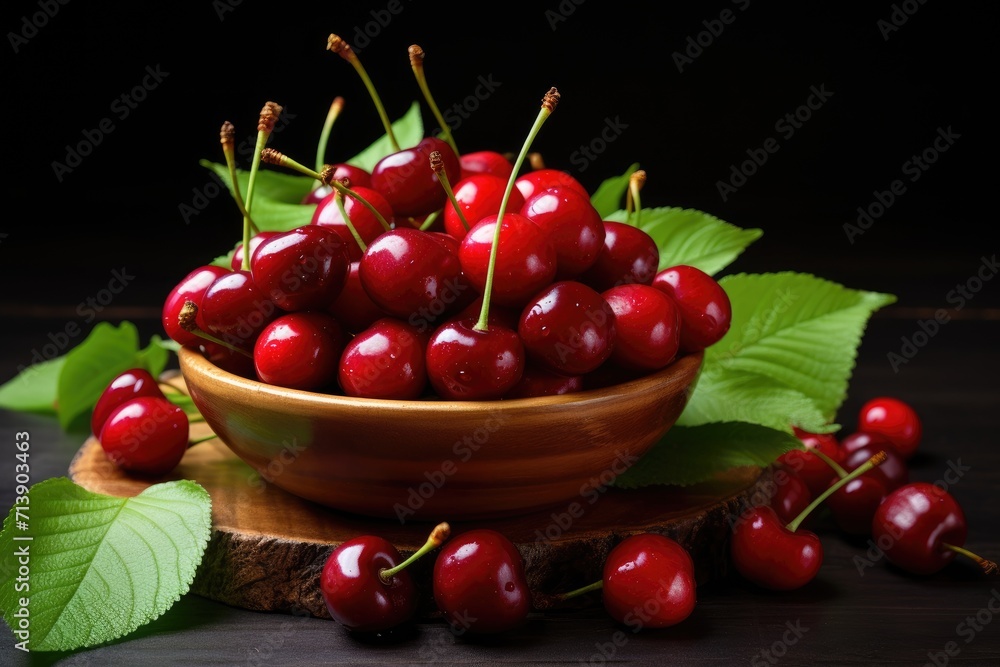Fresh sour cherries in a wooden bowl with green leaves nearby Fresh sour cherries in a wooden bowl with green leaves nearby