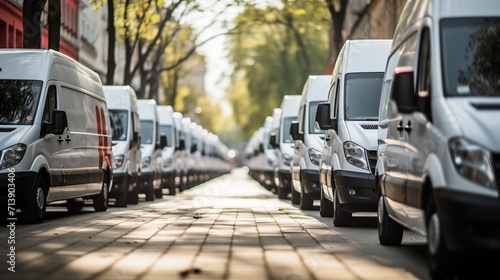 Row of white commercial delivery vans for transporting service company with copy space © Ilja